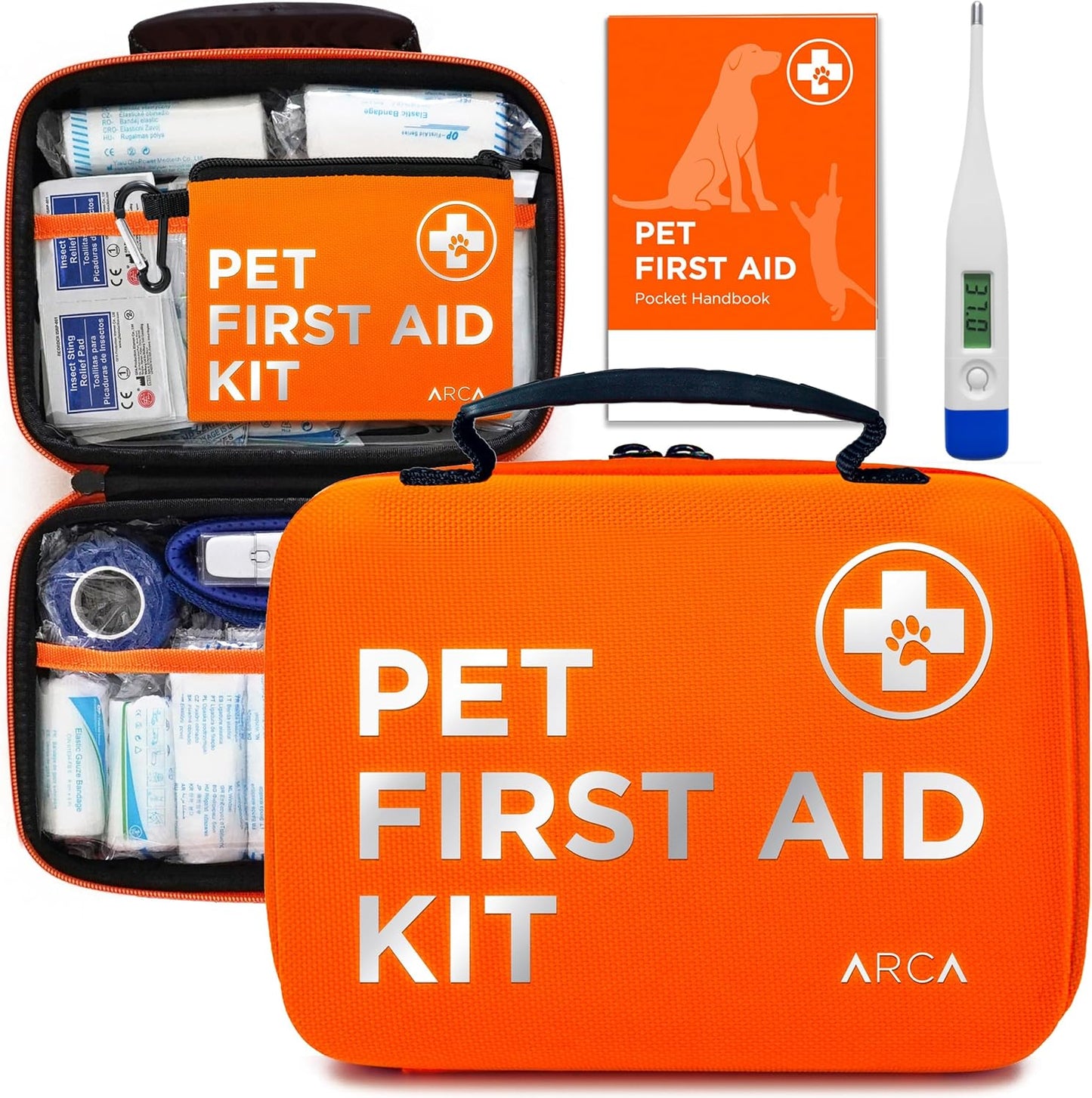 First Aid Kit - Vet Approved Dog & Cat Emergency Supplies with Thermometer, Muzzle, Tick Removal, Flashlight, Mini Pouch, and Comprehensive Care Guide for Travel and Outdoor Use