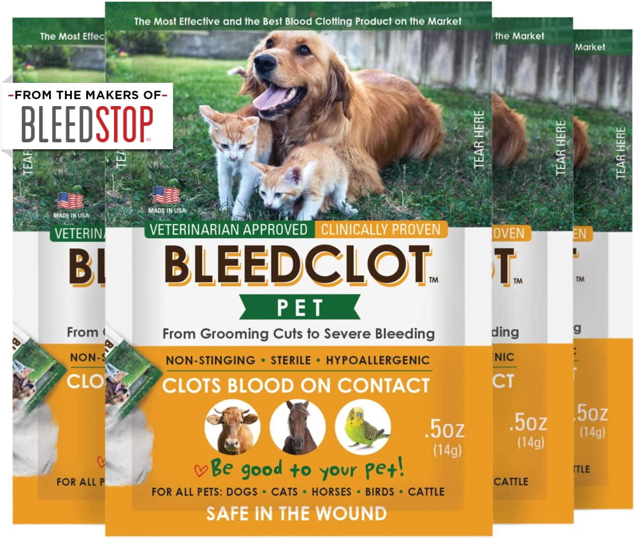 Bleedclot Pet First Aid Blood Clotting Powder | the Best for All Animals to Stop Bleeding, Guaranteed | 4 Pouches (0.5 Oz))