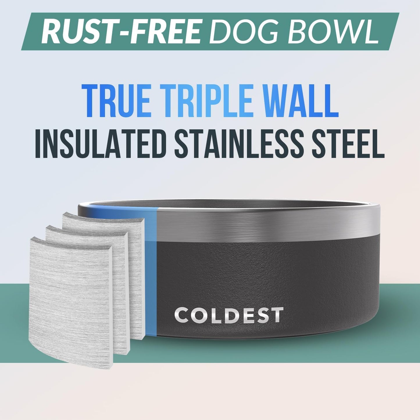 Coldest Dog Bowl - anti Rust Metal & Non Slip Dog Bowls Large, Spill Proof Heavy Duty 3 Layers Insulated Dog Bowl - Food and Water Bowl for Dogs, Cats & Pets, Dishwasher Safe (64 Oz, Stealth Black)