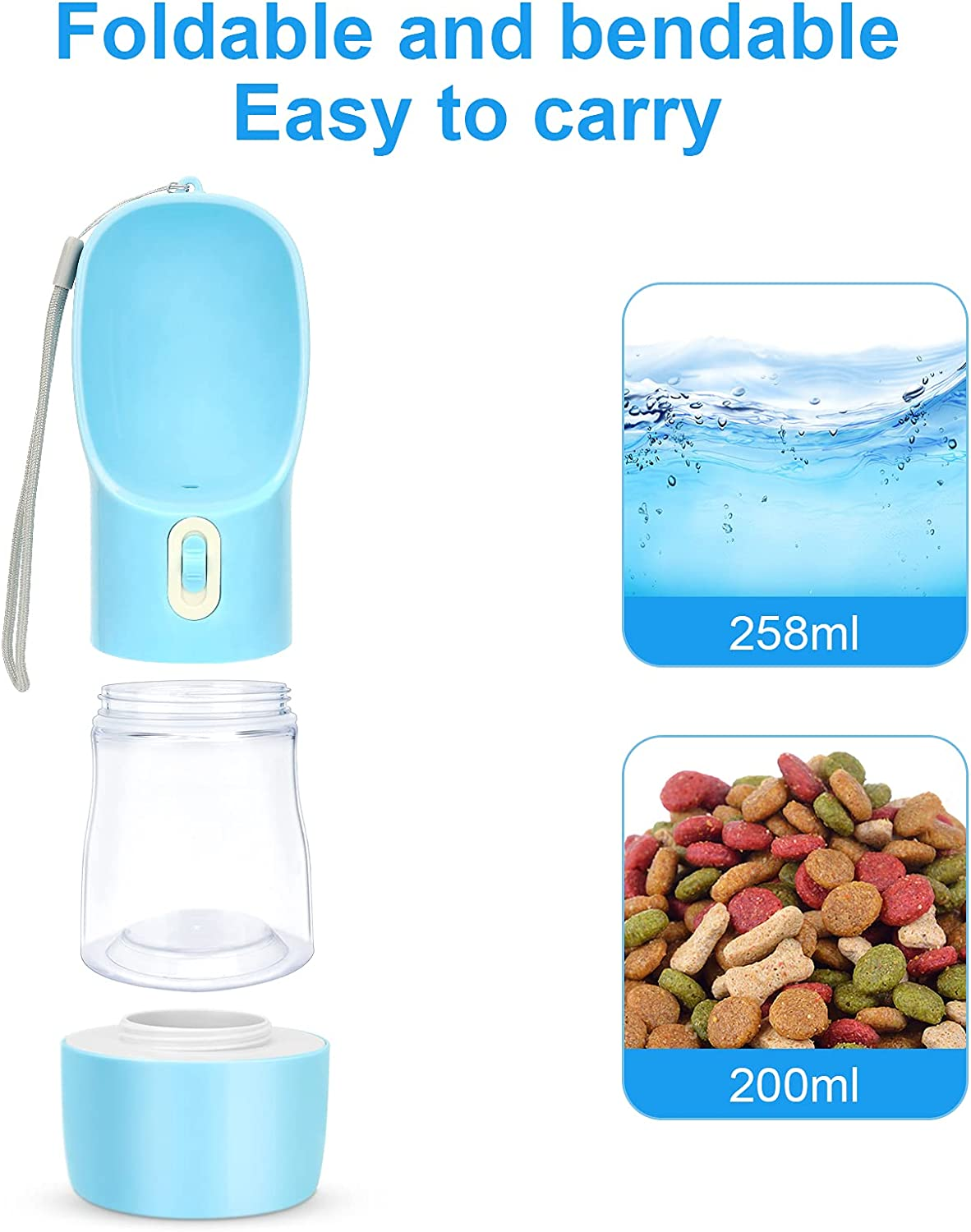 Premium Portable Dog Water Bottle with Integrated Food Container - Leak-Proof, Lightweight, BPA-Free for Hiking and Outdoor Activities (Blue)