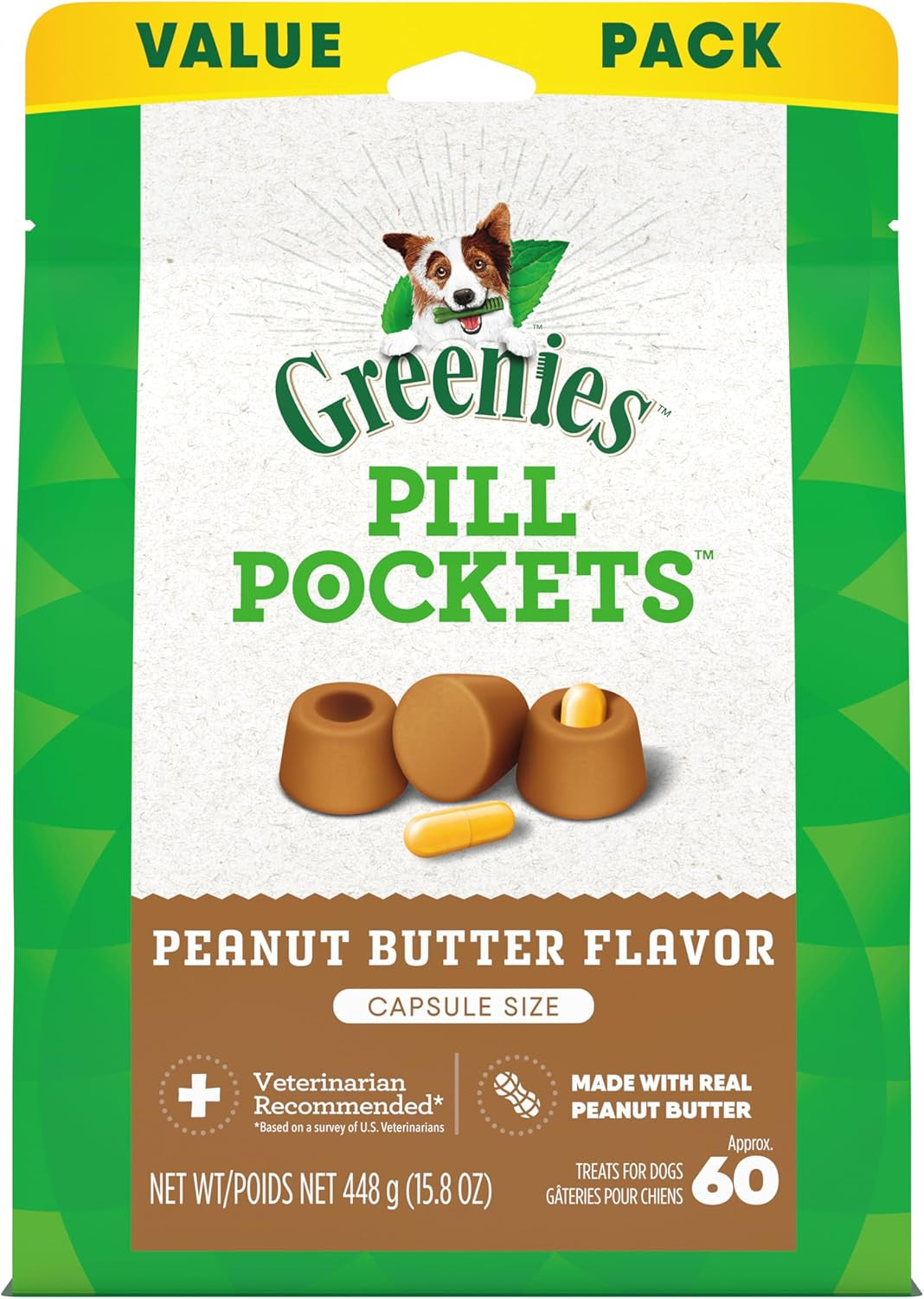 Pill Pockets for Dogs Capsule Size Natural Soft Dog Treats with Real Peanut Butter, 15.8 Oz. Pack (60 Treats)