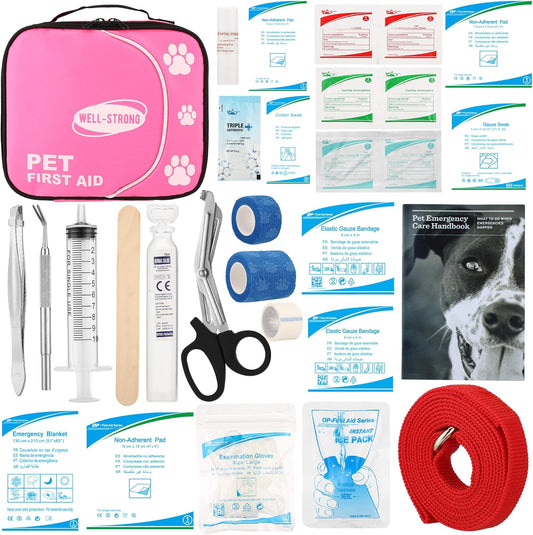 Waterproof Dog First Aid Kit for Car, Emergency First Aid Kit with Tick Remover, Slip Leash for Home Office Travel Pink