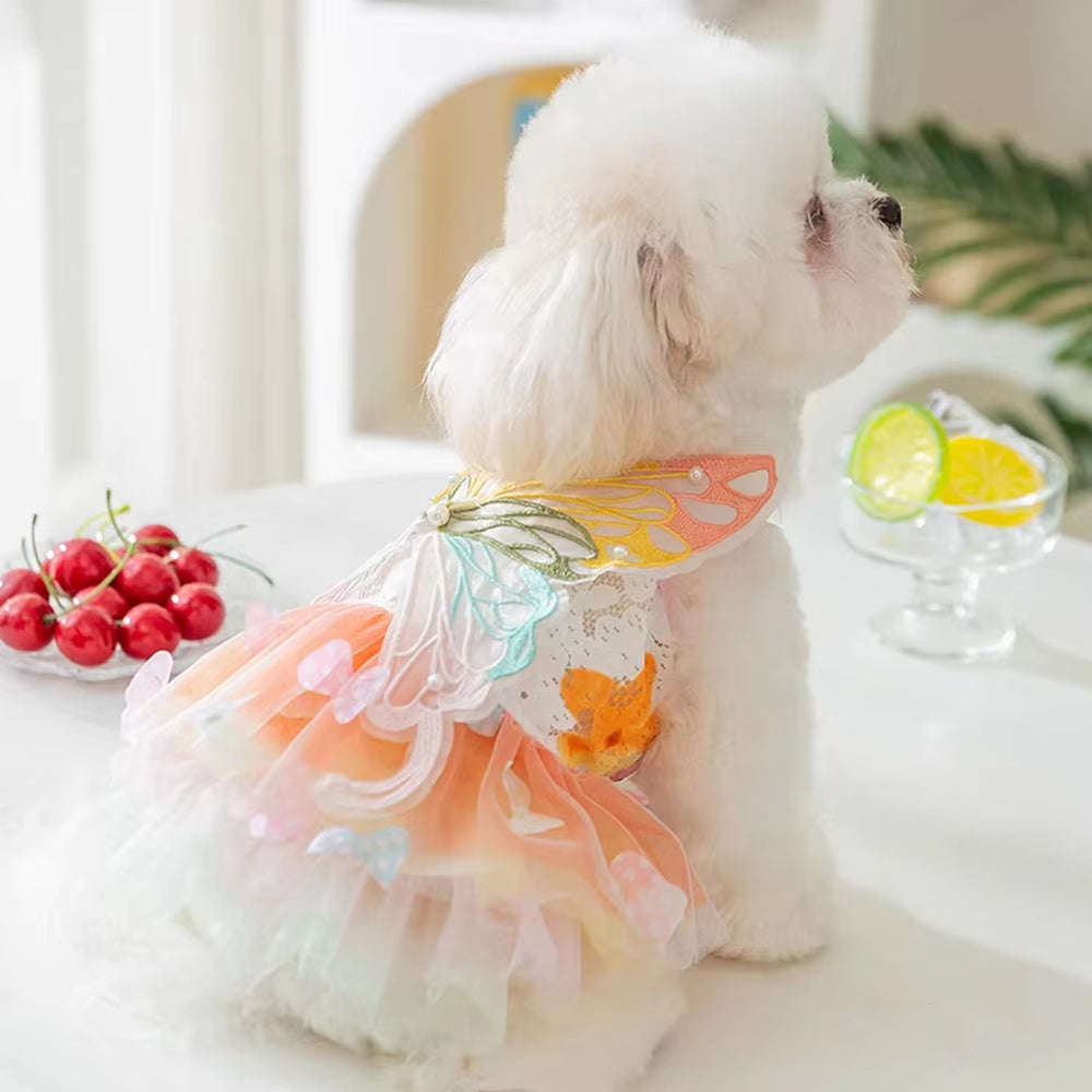 Summer Dog Cat Butterfly Princess Dress Clothes Mesh Lace Pearl Puppy Wedding Skirt for York Chihuahua Poodle Small Dog Dresses