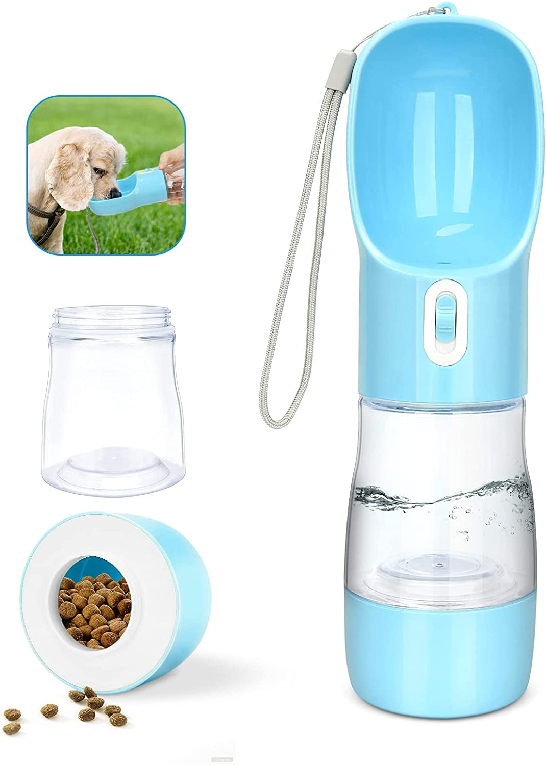 Premium Portable Dog Water Bottle with Integrated Food Container - Leak-Proof, Lightweight, BPA-Free for Hiking and Outdoor Activities (Blue)