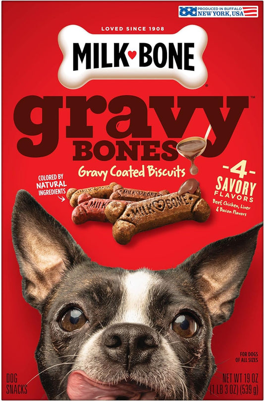 Gravy Bones Dog Treats with 4 Savory Meat Flavors Coated in Gravy, 19 Ounce (Pack of 12)