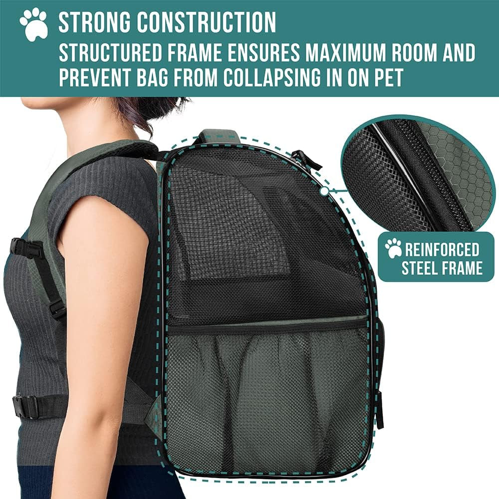 Deluxe Pet Carrier Backpack for Small Cats and Dogs, Puppies | Ventilated Design, Two-Sided Entry, Safety Features and Cushion Back Support | for Travel, Hiking, Outdoor Use (Dark Gray)