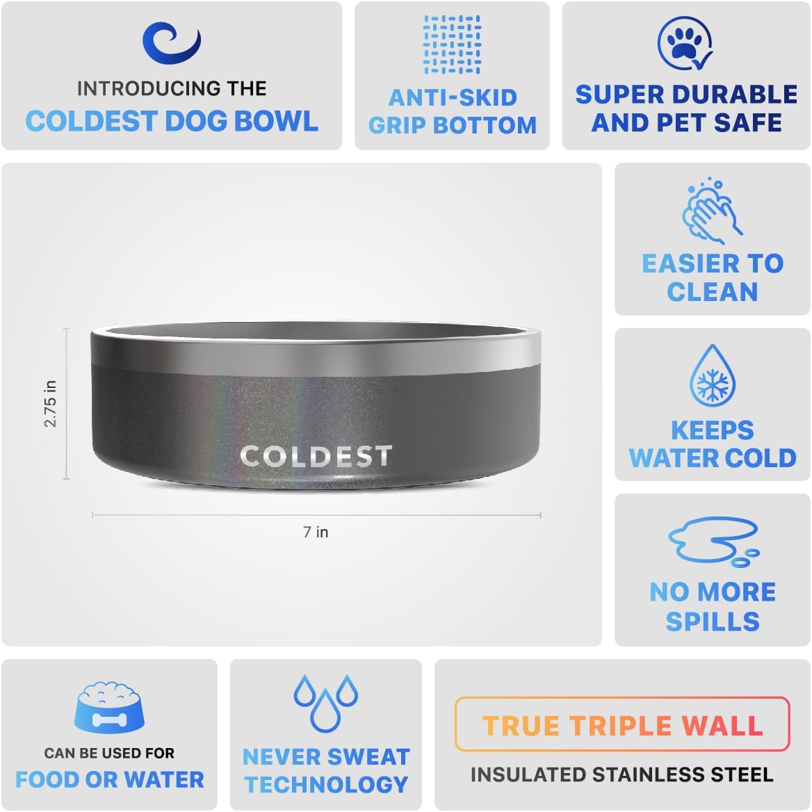 Coldest Dog Bowl - Anti Rust Metal & Non Slip Dog Bowls Large, Spill Proof Heavy Duty 3 Layers Insulated Dog Bowl - Food and Water Bowl for Dogs, Cats & Pets, Dishwasher Safe (42 Oz, Stardust Glitter)