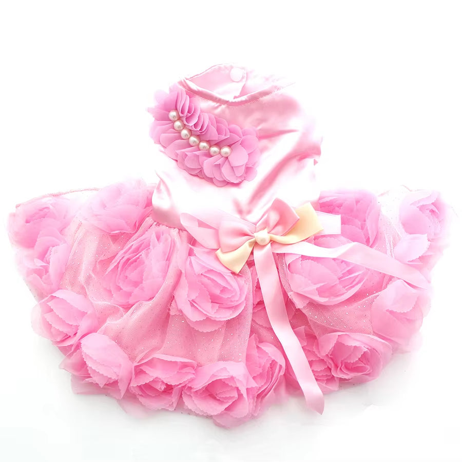 XKSRWE Pet Dog Princess Wedding Dress Tutu Rosette&Bow Dresses Cat Puppy Skirt Spring/Summer Clothes Apparel 2 Colours