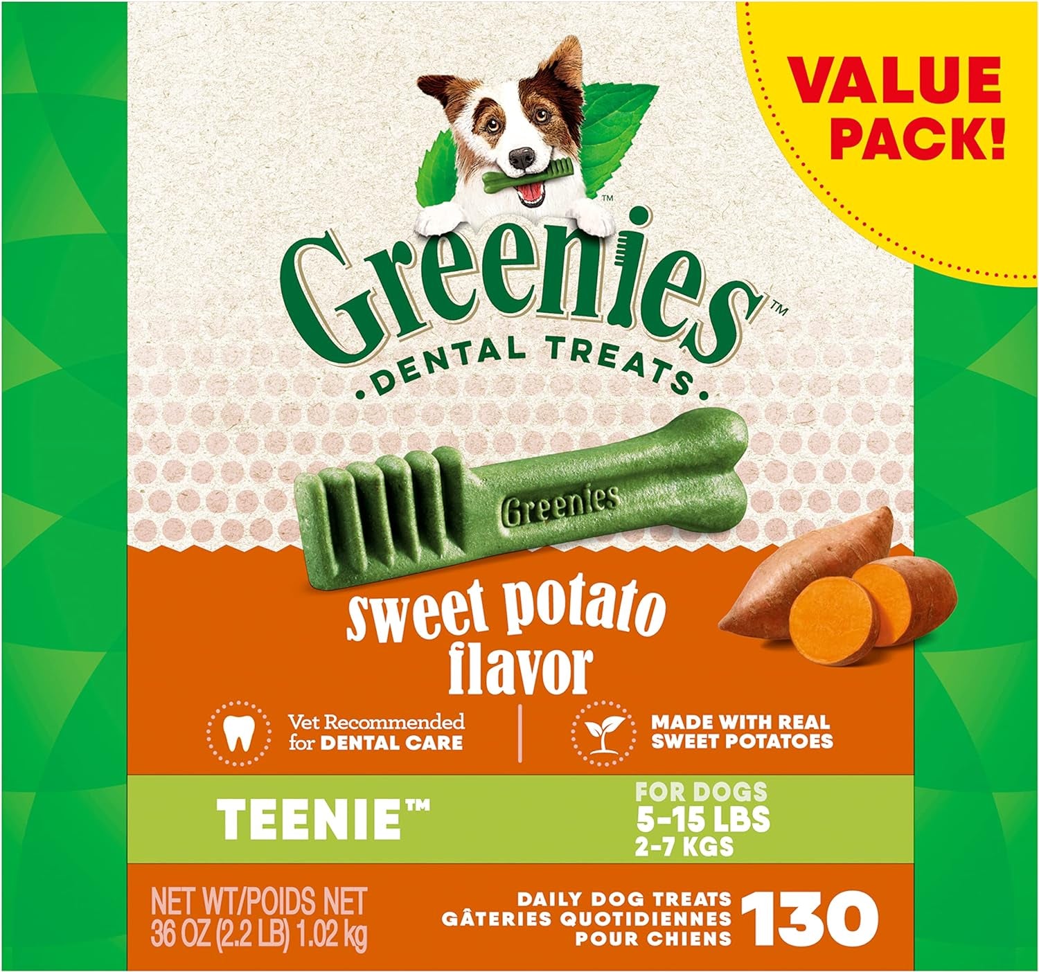 Teenie Natural Dog Dental Treats, Sweet Potato Flavor, 36 Oz. Pack (130 Treats)