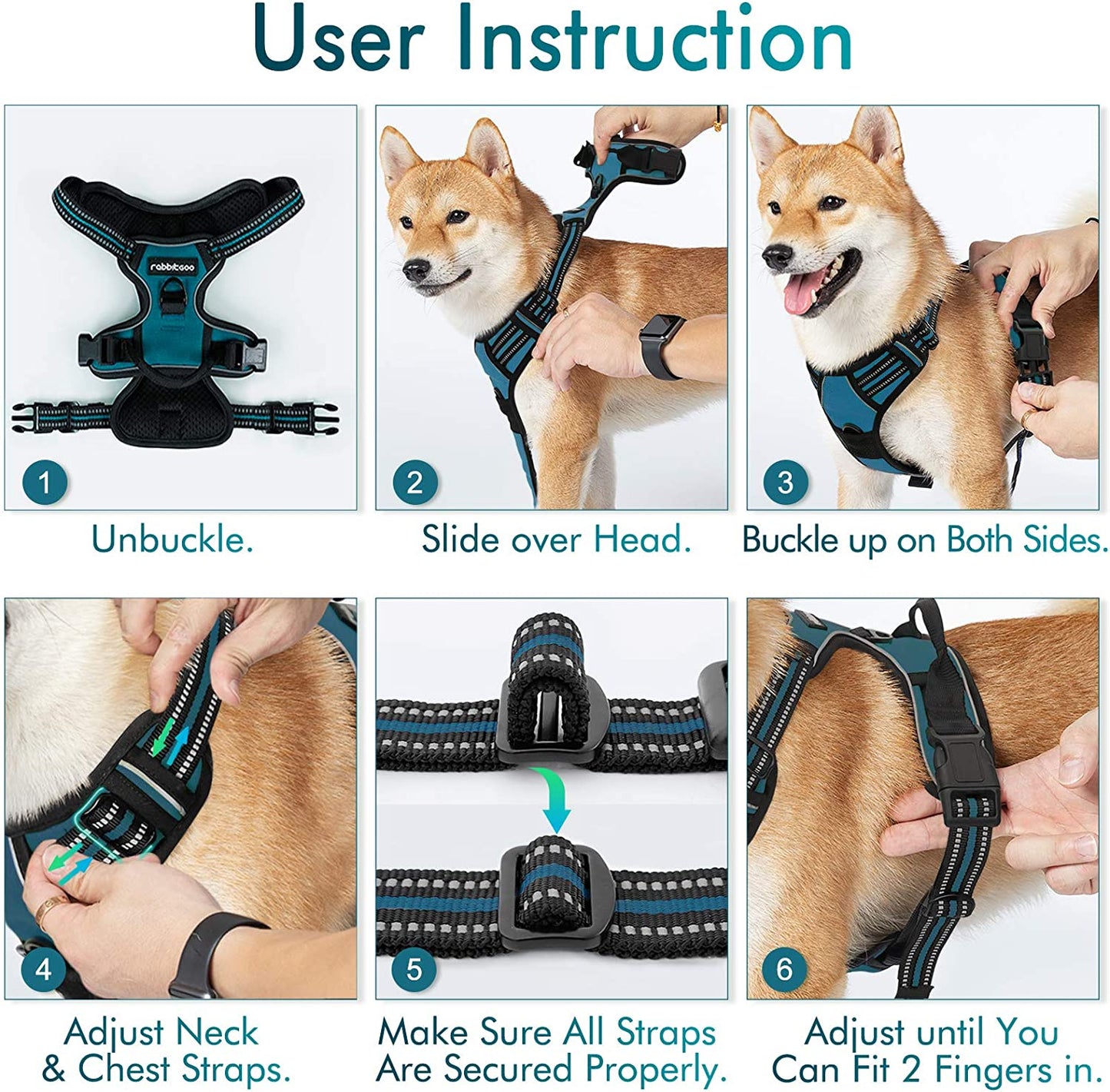 Dog Harness, No-Pull Pet Harness with 2 Leash Clips, Adjustable Soft Padded Dog Vest, Reflective No-Choke Pet Oxford Vest with Easy Control Handle for Large Dogs, Blue Coral, L