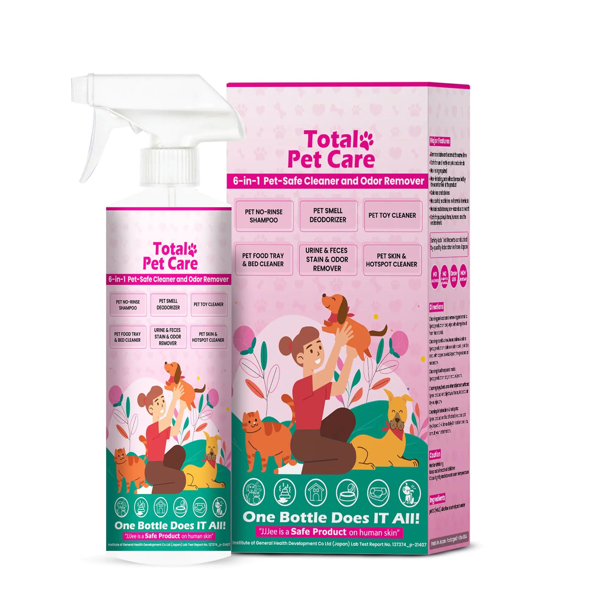 JJJee Total Pet Care 6-in-1 Pet-Safe Cleaner and Odor Remover-16 oz. Cleans pet Coat Paws Toys. Eiminates pet Odors. Removes pet Messes on Carpet Floor Upholstery car seat on Contact. No Rinse.
