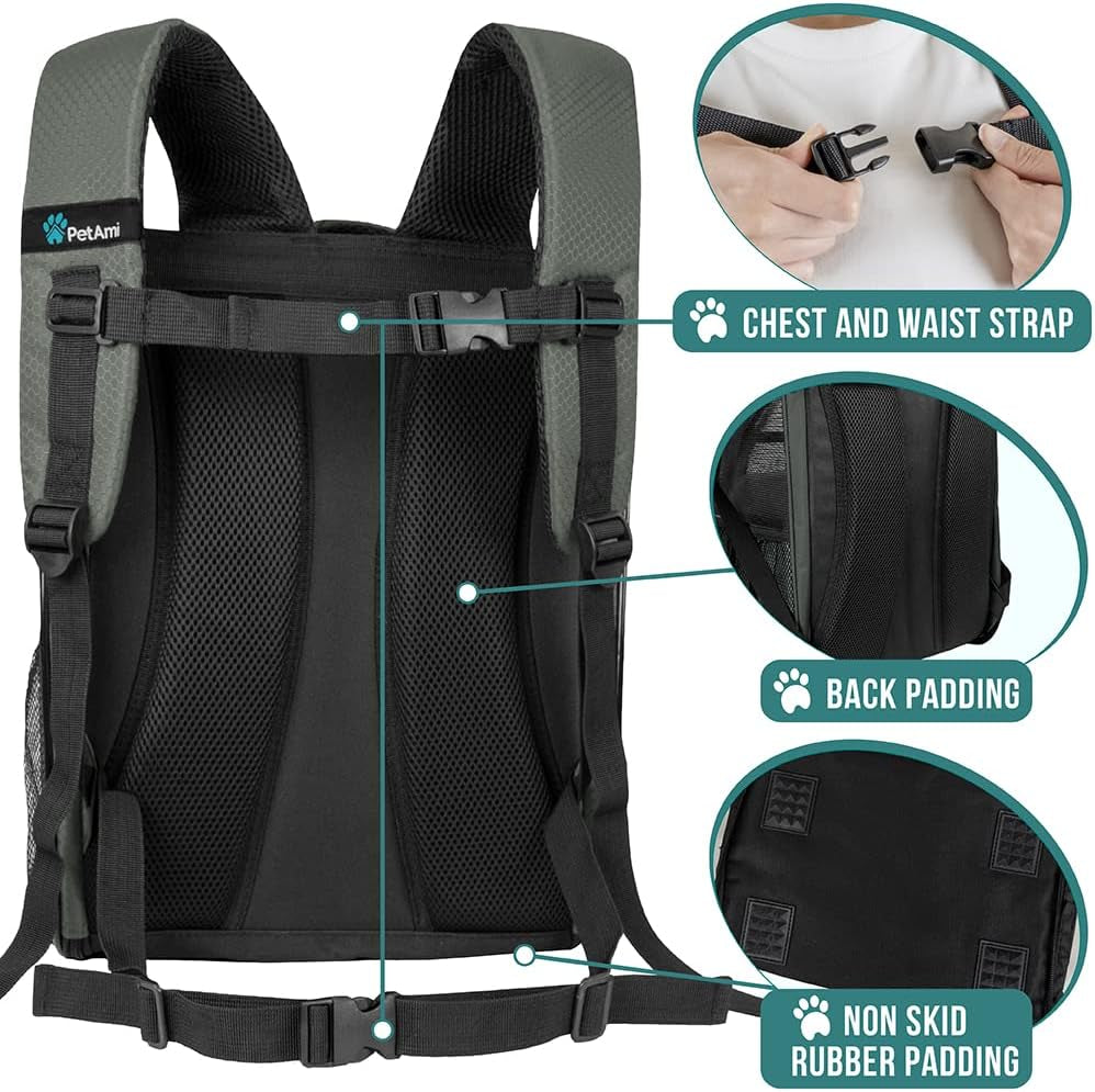 Deluxe Pet Carrier Backpack for Small Cats and Dogs, Puppies | Ventilated Design, Two-Sided Entry, Safety Features and Cushion Back Support | for Travel, Hiking, Outdoor Use (Dark Gray)