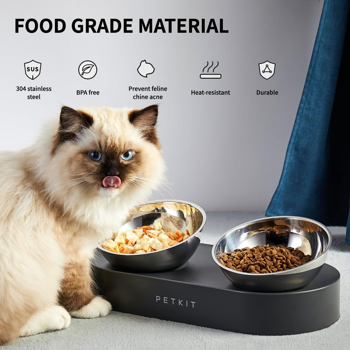 Raised Dog Cat Food Bowl 304 Stainless Steel, Elevated Pet Food and Water Bowl Dishes, Elevated Cat Bowls, Non-Slip Tilted Cat Bowl No Spill