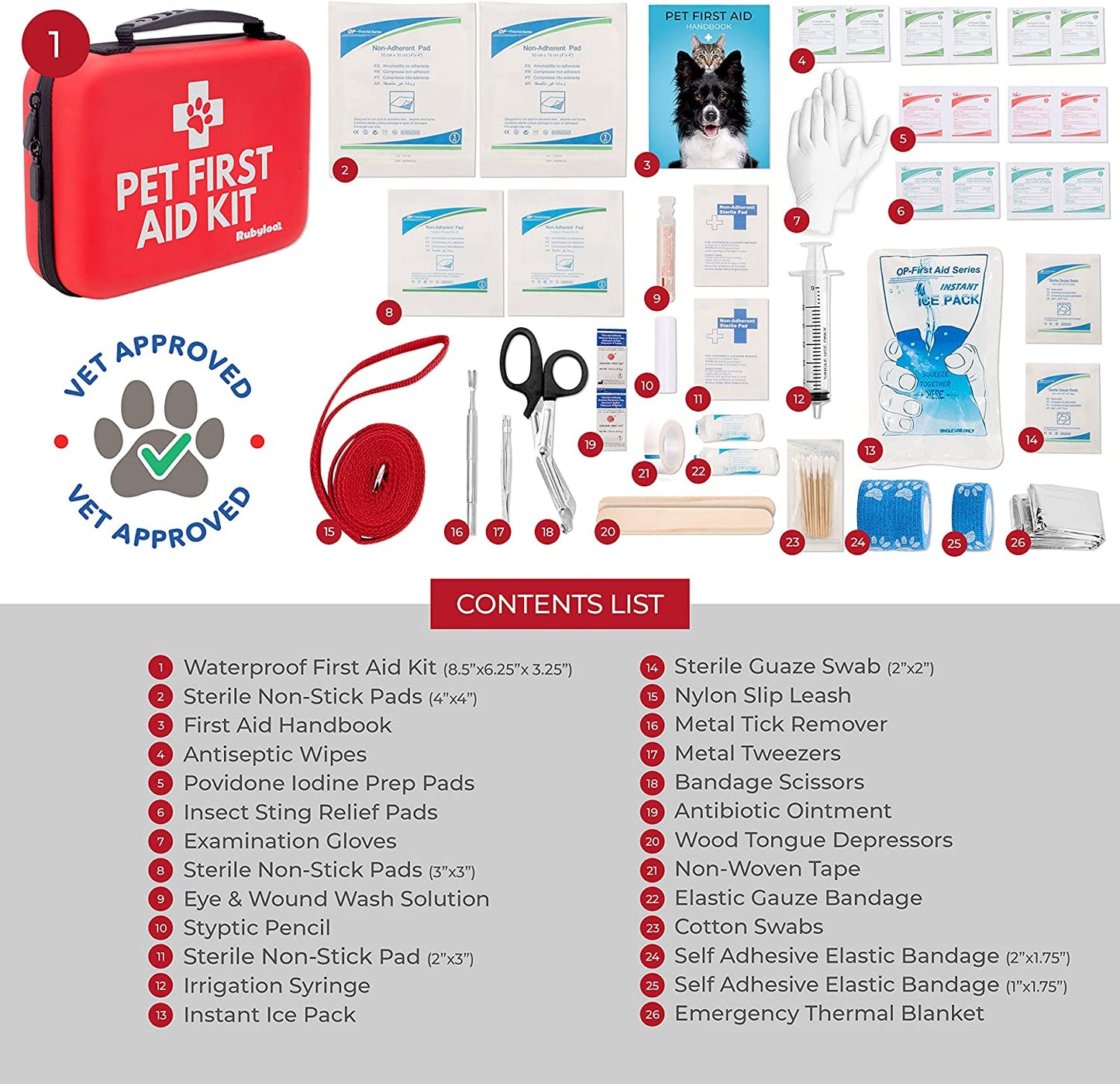 Dog First Aid Kit | Vet Approved Pet First Aid Supplies to Treat Dogs & Cats in an Emergency | Pet First Aid Kit Book, Tick Remover, Slip Leash & Medical Essentials for Home, Camping, Car, RV, Travel