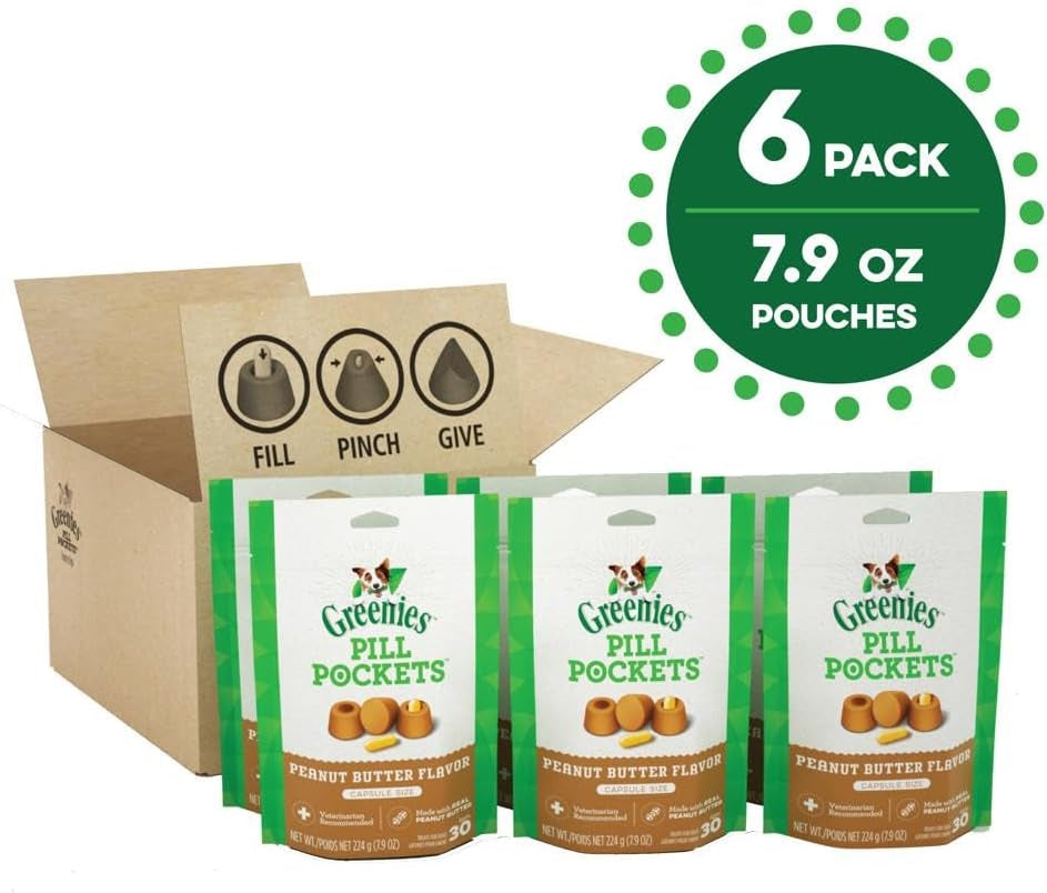 Pill Pockets for Dogs Capsule Size Natural Soft Dog Treats with Real Peanut Butter, (6) 7.9 Oz. Packs (180 Treats)