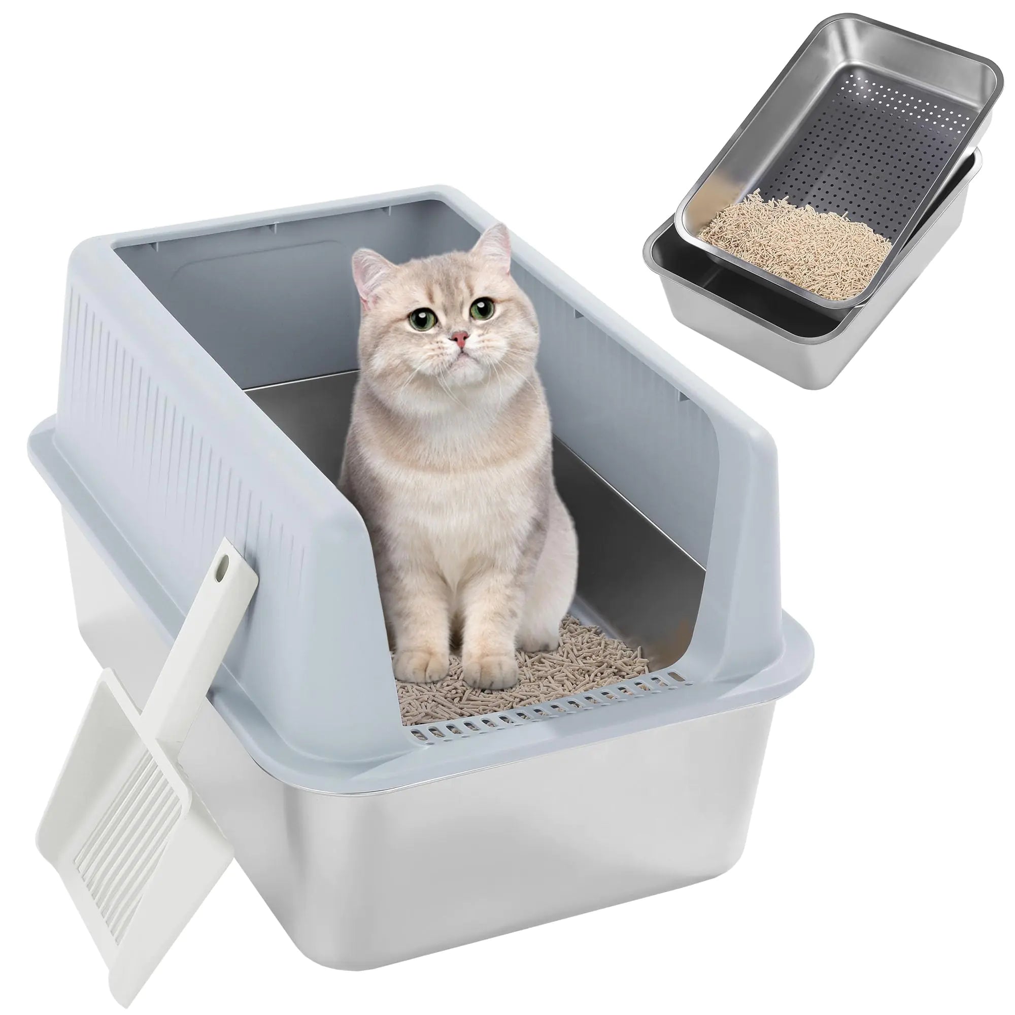 MABOZOO 19.7"x13.7"x12" Stainless Steel Sifting Litter Box with Lid Large Litter Box Enclosed Cat Litter Boxes Sifting Litter Box for Pine Pellets with Scoop Anti-Leakage Odor Control Cat Supplies